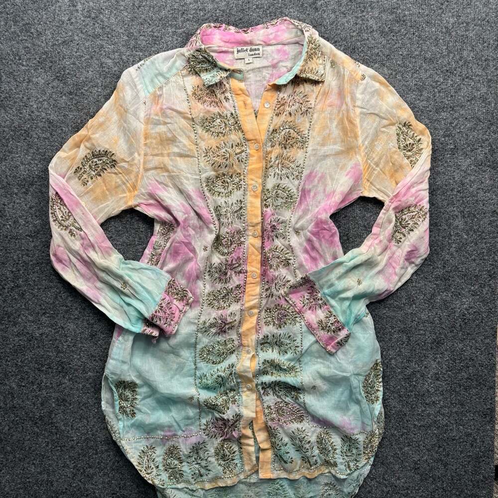 Juliet Dunn London Pastel Tie-Dye Embroidered Metallic Sequins Long Sleeve Tunic